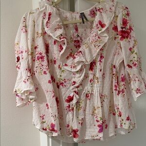 Anthropologie Floral Ruffle Blouse in Pink and White